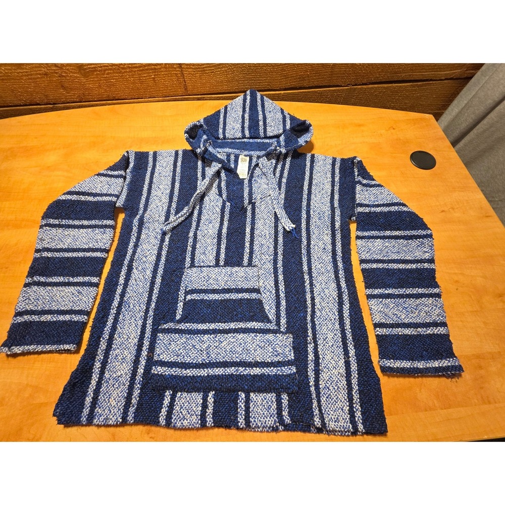 San Jose Baja Hoodie Mens Large Blue White Striped Mexican Jerga Pullover Hooded